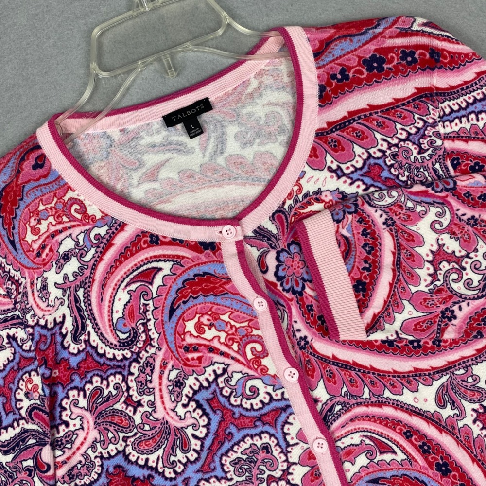 Talbots Pink Pink Paisley Knit Button Front Cardigan Sweater Size L 3/4 Sleeve